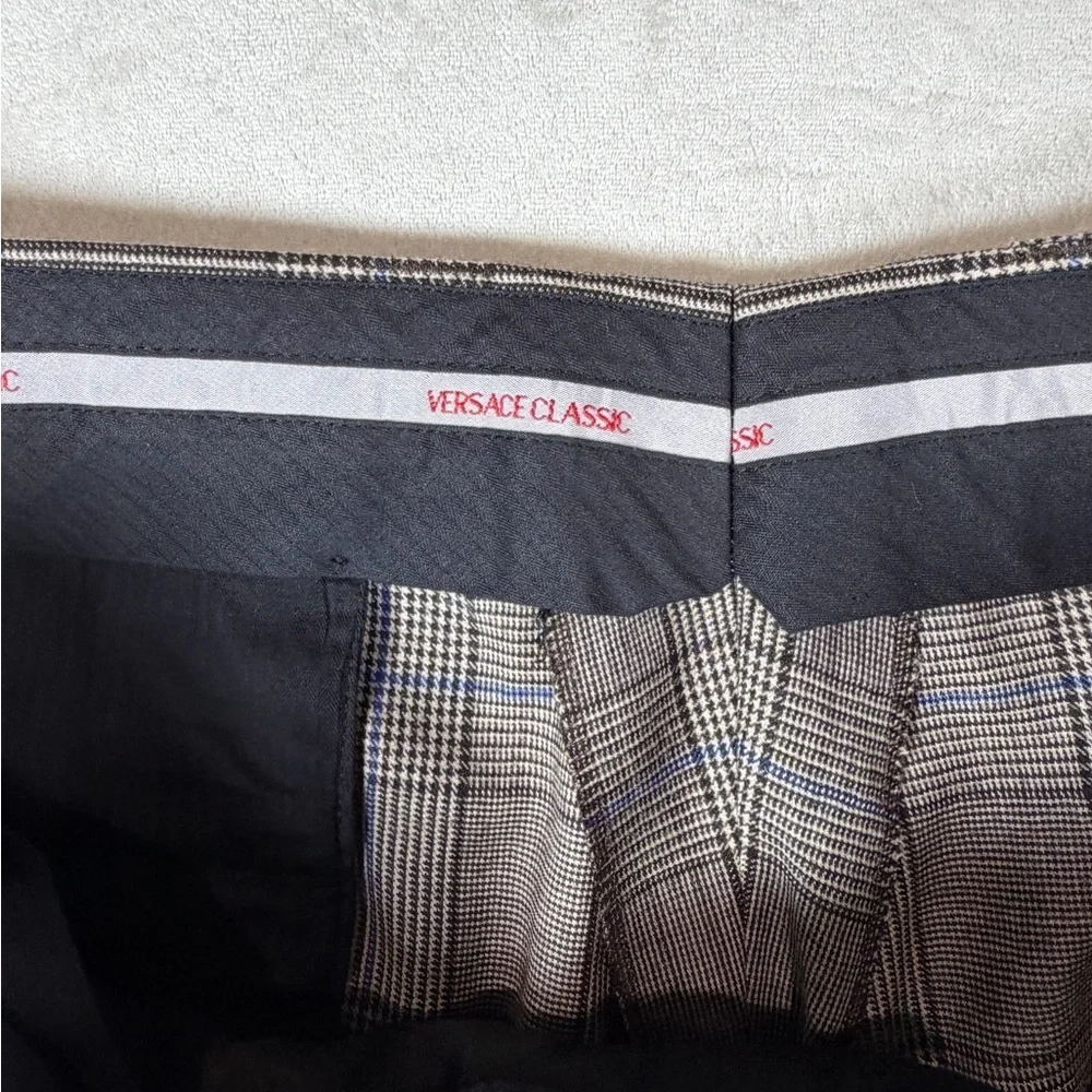 Versace Classic Made in Italy 38W 100% Wool Black and Blue Glen Plaid Dress Pant